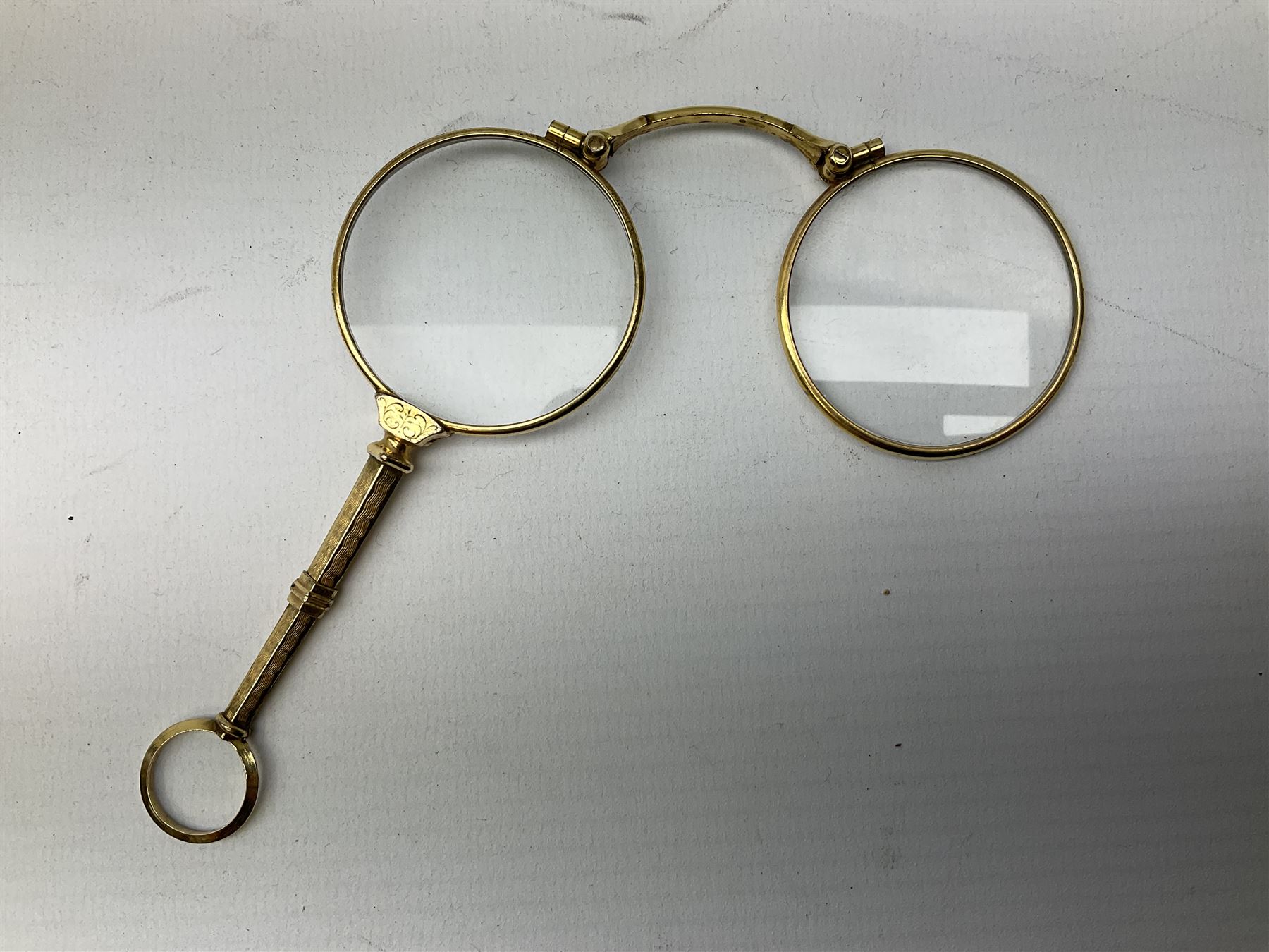 Victorian gold plated lorgnette glasses, 11cm and further set of six gold plated teaspoons stamped Sweden