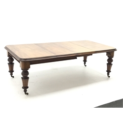  Victorian mahogany telescopic extending dining table, moulded top with rounded corners, two additional leaves, on turned and octagonal tapering supports, brass cups and castors, 120cm x 142cm - 239cm  