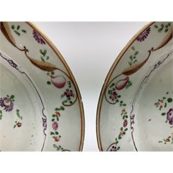 Pair of 18th century famille rose Chinese glazed porcelain plates with floral and foliate decoration, D23cm. 
