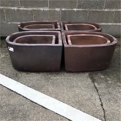  Four large 'D' shaped rustic frost proof pots (W51cm, H33cm, D61cm), four similar medium 'D' shaped frost proof pots (W42cm, H26cm, D46cm) (8)  