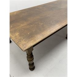 Large early 20th century oak boardroom table, rectangular moulded top on six turned and faceted supports 