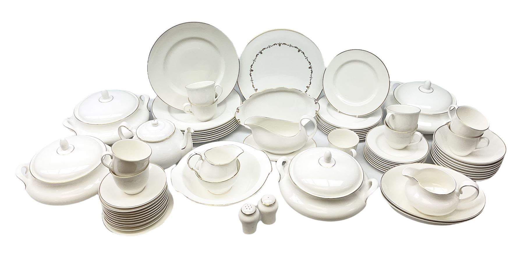Royal Doulton Imagination pattern part dinner service, comprising eight dinner plates, eight side plates, eight dessert plates, eight bowls and nine cups and saucers, together with Royal Doulton Fortune pattern, five covered tureens,  jug and stand and other similar