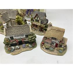 Twenty three Lilliput Lanes, including Village School, Lace's Shoe Shop, Cockles & Muscles, Scotland the Brave etc, together with The Leonardo Collection Paint Box Poppets and Gullivers World magazines 