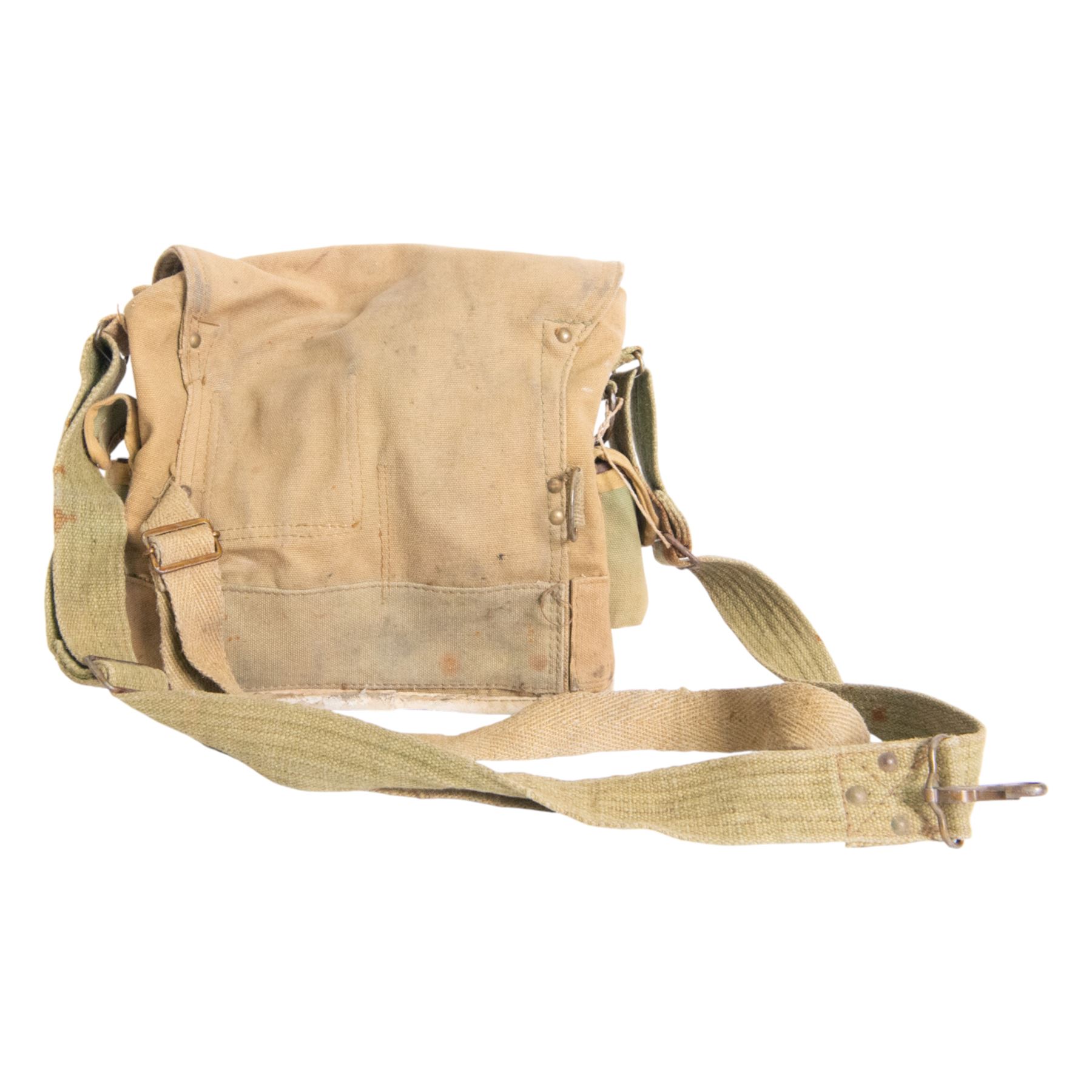 1940's French Army gasmask in canvas bag, together with pre 1938 gas mask filter, the filter marked S.E.C.M.P. 36-2 A.C 34 403 S.E.C.M.P 36-4 