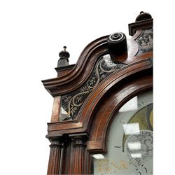 Penlington of Liverpool – early 19th century 8-day mahogany longcase clock, swans neck pediment with three turned wooden finials and verre eglomise panels, trunk with reeded columns and wavy topped door, plinth with canted corners on bracket feet, painted break-arch dial with Roman numerals and five-minute Arabic’s, centre sweep calendar and seconds hands, blue steel serpentine hands, signed beneath a painted rolling moon in the arch PENLINGTON, LIVERPOOL, eight day four pillar movement, anchor escapement and rack striking on a bell. With pendulum and weights.  The Penlington family were prolific clockmakers in 19th century Liverpool working from several addresses in the city, also recorded as chronometer and chronograph makers.
