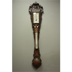  Victorian Black Forest style carved oak stick barometer,register inscribed J.Somalyico & Co. Hatton Garden, London, with thermometer, H120cm  