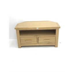 Light oak corner tv stand, two drawers, stile supports 
