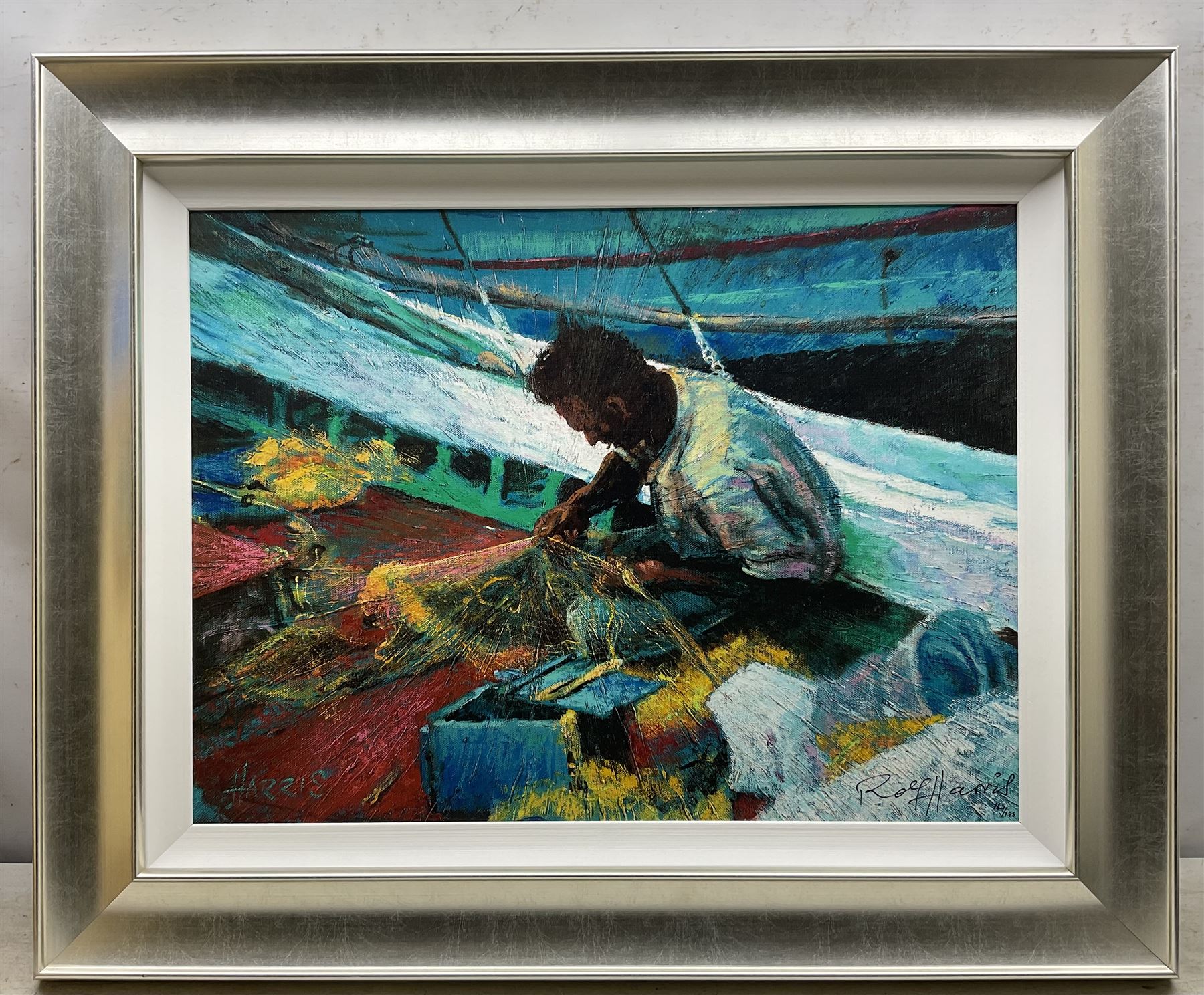 Rolf Harris (Australian 1930-): 'Mending the Nets' 'Mont Sainte Victoire - Homage to Cezanne' and 'Christmas Eve in the Snow', three limited edition giclee prints signed and numbered 53/295, 206/295 and 145/196, max 44cm x 60cm (3)