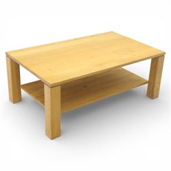 Modern solid oak coffee table, square supports united by full length under tier, raised on castors