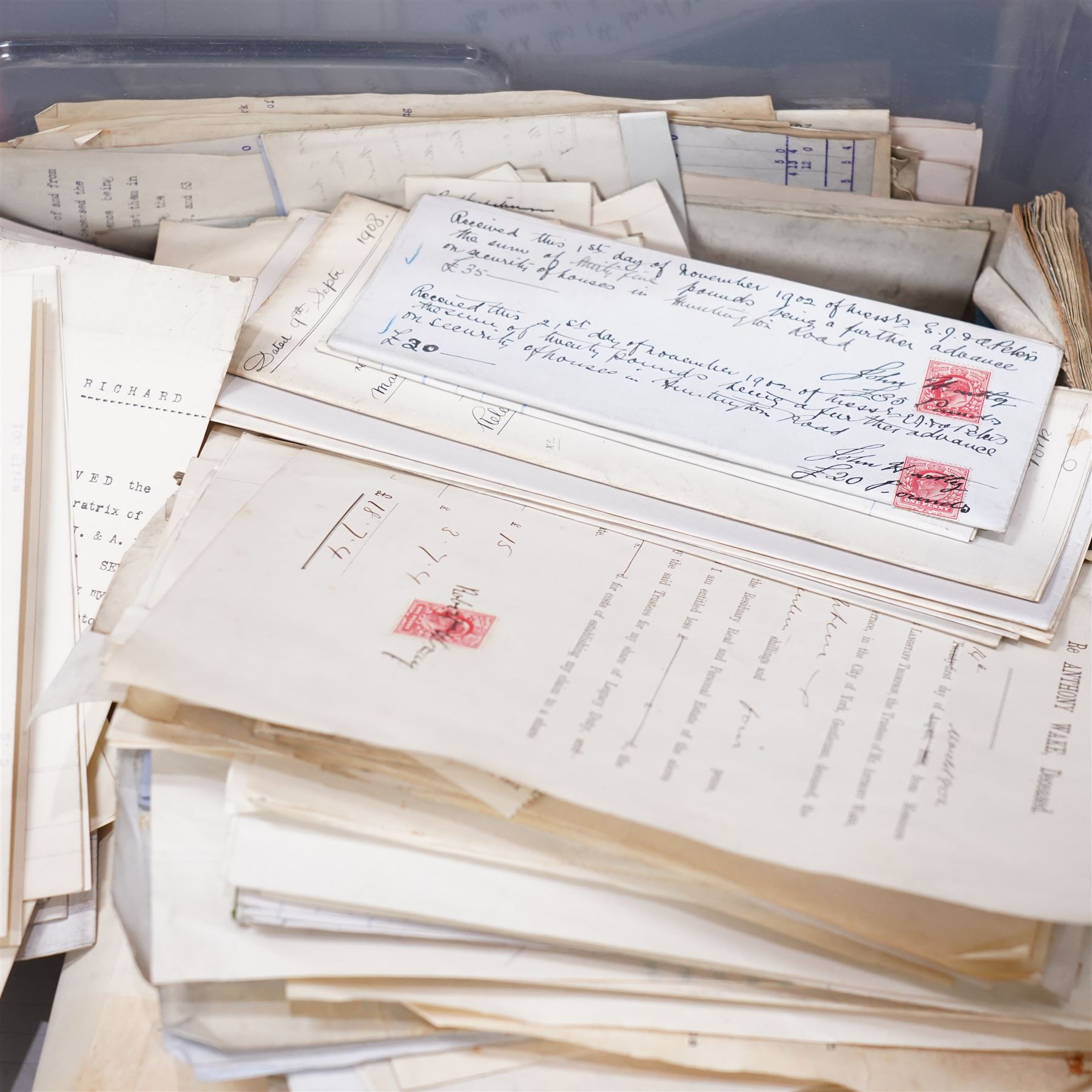 York and Yorkshire postal history and ephemera - large quantity of 19th and 20th century letters, postcards, stamped covers, empty envelopes, receipts, invoices, certificates, solicitor’s papers, estate papers and related ephemera, including York and Yorkshire addresses, Manor of Osbaldwick tithe rent-charge receipt, Joseph Peters & Sons solicitor material, marriage certificates, family correspondence, business invoices, Canadian/Montreal cover and various Victorian and later postal markings and stamps, in four large crates