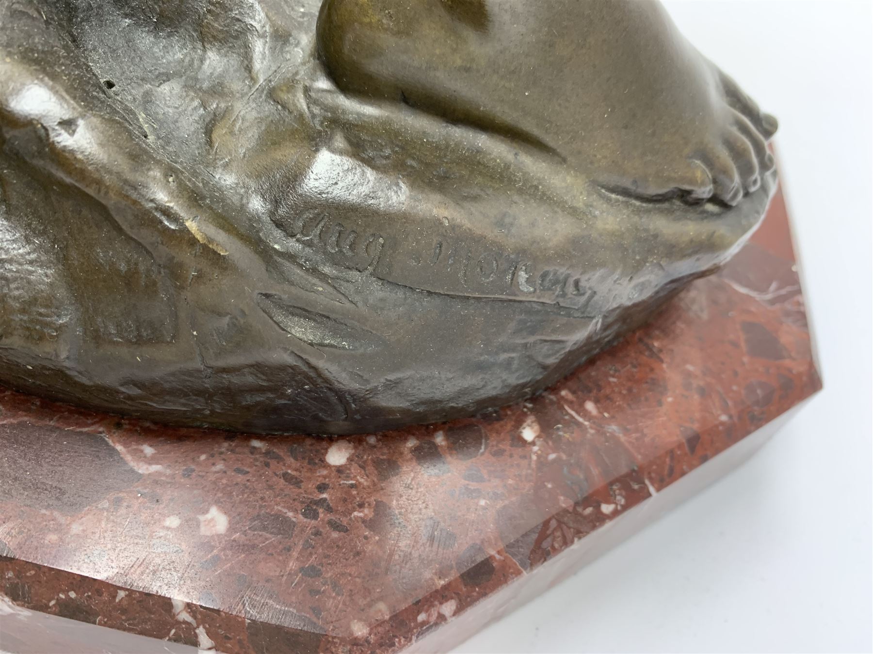 After Auguste Moreau (French 1834-1917): large bronze figure modelled as a young boy playing two pipes, standing upon a naturalistically modelled base detailed with tree stump and further pipe, signed Aug Moreau, upon octagonal red marble base, H72cm 