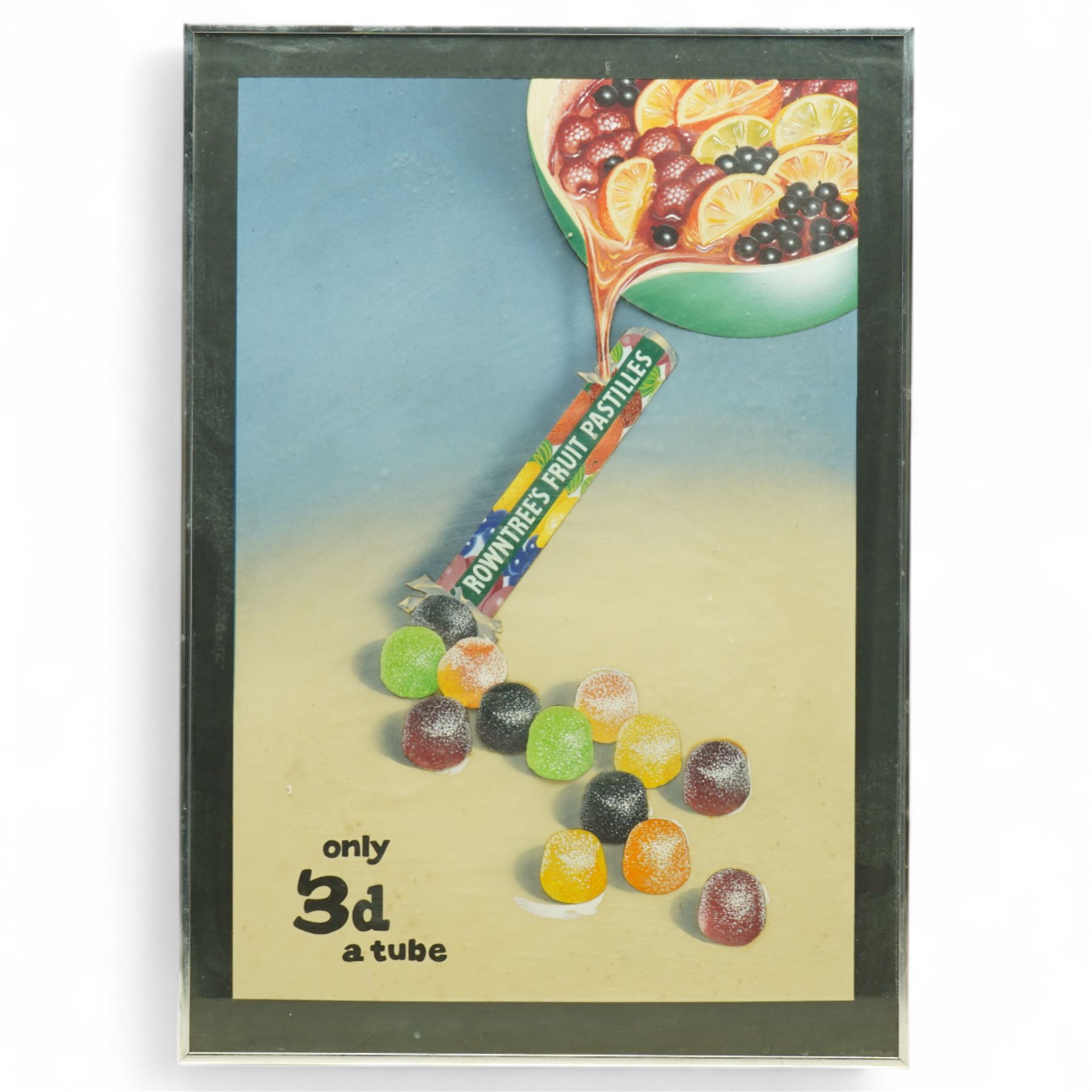 Original Rowntree Mackintosh (Rowntrees) prototype collage advertising poster for Fruit Pastilles - 'Only 3d a tube', colour poster with collage depicting a fruit punch being poured into a tube of Fruit Pastilles 58cm x 40cm
Provenance: from the personal collection of David Lamb, former advertising manager at Rowntree Mackintosh, York