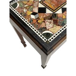 19th century marble specimen table, central rectangular plaque in black and white chequered lozenge, surrounded by fragments and cube motifs, housed within a mahogany stand with moulded top edge, square tapering supports with peg spade feet
