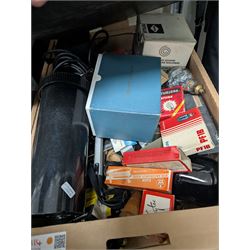 Collection of photography and photograph development accessories, including bulbs, development tanks, trays, projector lenses, etc
