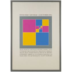 After Sir Peter Blake (British 1932-): Designers' Saturday - 13 October 1984, lithographic poster 83cm x 58.5cm
Notes: This event, held at multiple showrooms across London, gave interior designers and architects the opportunity to meet with suppliers outside of regular working hours. The idea originated in New York, and has since been repeated in many major European cities, and still takes place in Oslo.