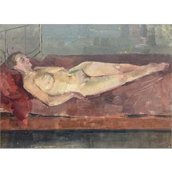 English School (Early/Mid 20th century): Female Reclining Nude, oil on board unsigned 47cm x 63cm