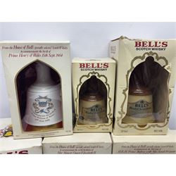 Bells, Scotch whisky, in eight Wade ceramic decanters, including Christmas 1992, Queens 60th birthday, Birth of Prince William etc, various contents and proof   