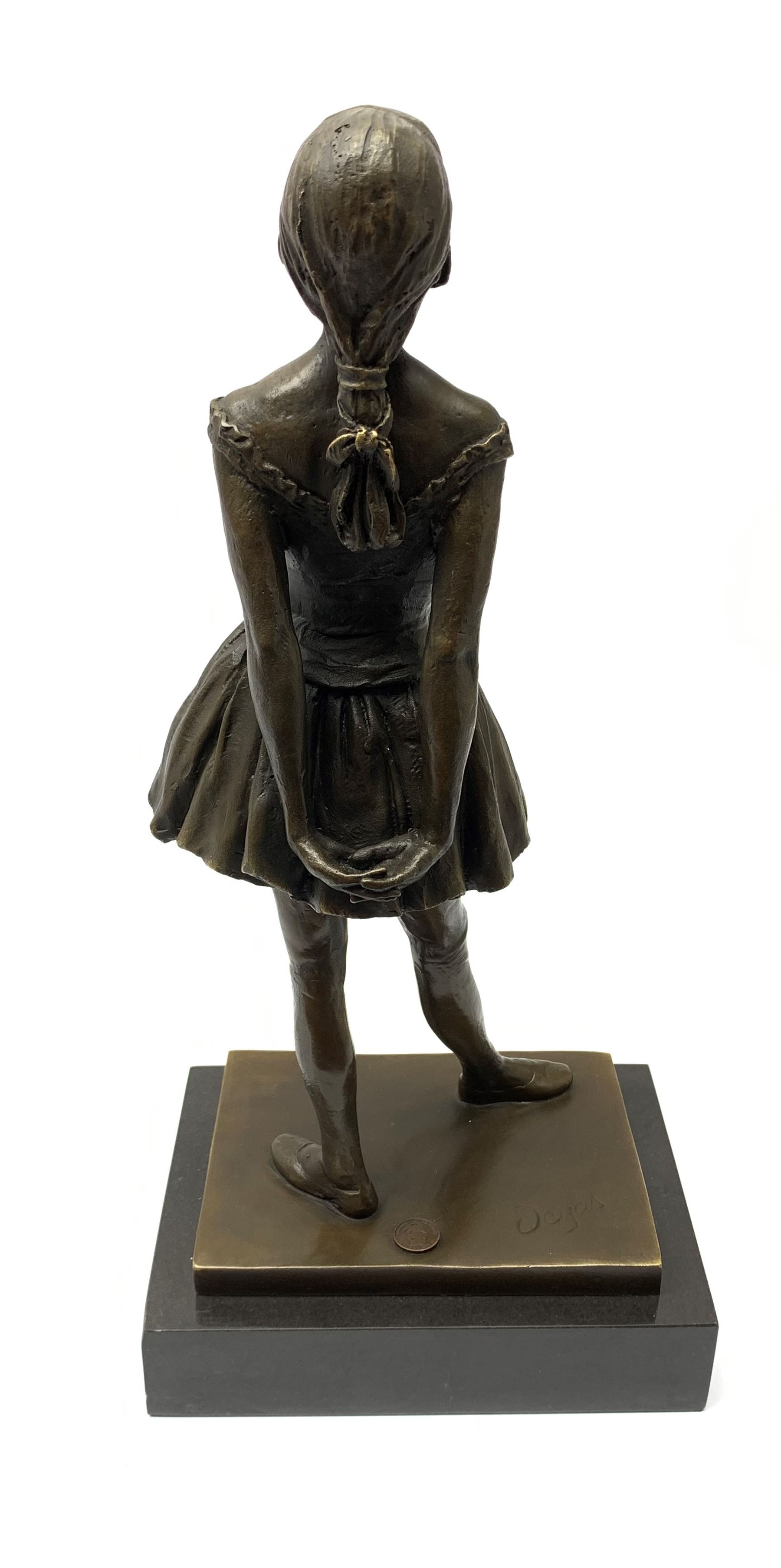 After Edgar Degas, (1834-1917), La Petite Danseuse de Quatorze Ans, bronze figure modelled as a young female dancer, signed and with foundry mark, raised upon a rectangular base, overall H37.5cm. 