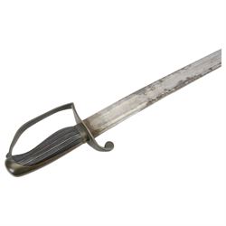 Georgian short sword, with 64cm curved single edge blade, iron guard with side loop and fluted ebony grip, with leather scabbard, L76cm