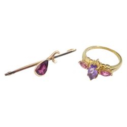 9ct gold marquise shaped pink topaz and amethyst ring, hallmarked and a garnet and seed pearl brooch, stamped 9ct