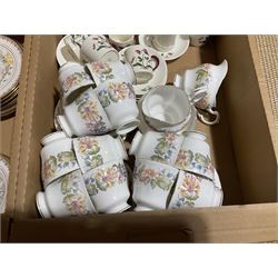 Paragon tea wares decorated in the 'Country Lane' pattern, Plant Tuscan tea set for nine, the pink ground with flower and gilt decoration, Wedgwood 'Mayfield' coffee wares etc in two boxes