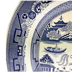 Victorian blue and white meat platter in willow pattern, L47.5