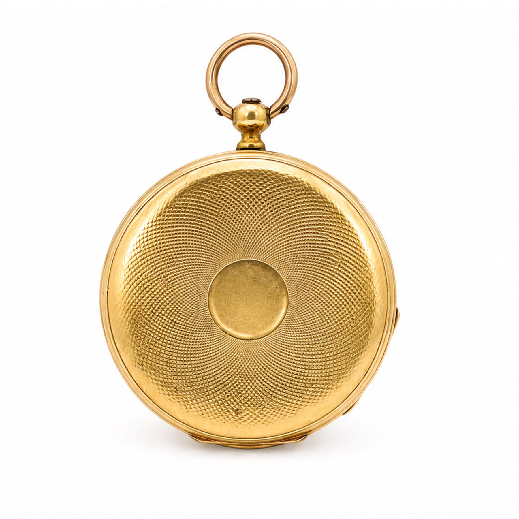 19th century 18ct gold cylinder pocket watch, gilt dial with Roman numeral hour markers, retailed by A.Matthey, back case with engine turned decoration and empty cartouche, stamped 18 Carat Fine