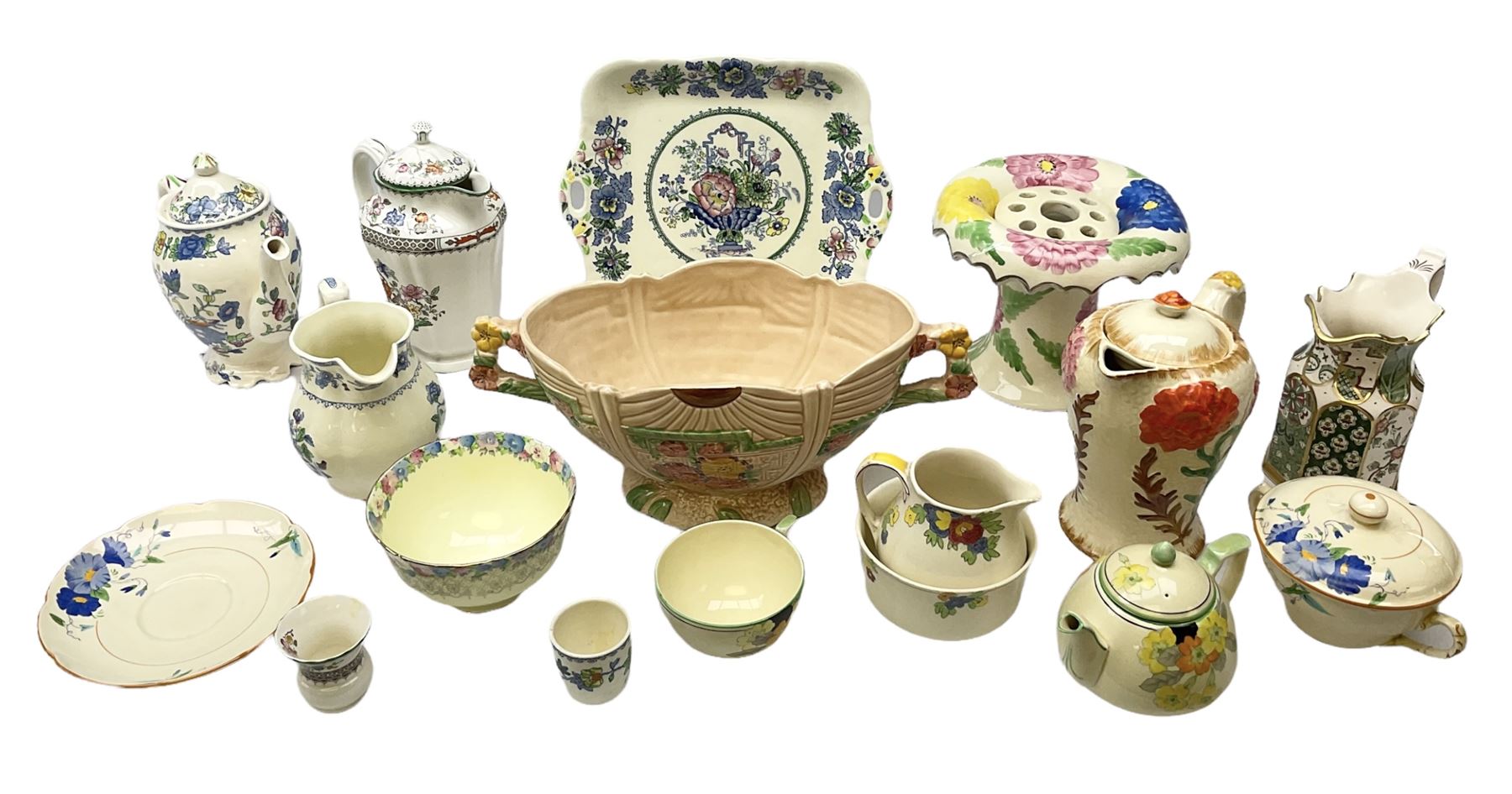 Group of ceramics to include Art Deco examples, Arthur Wood twin handled vase decorated in the Garden Wall pattern, Art Deco style Coalport twin handled lidded sucrier and saucer, Mason's Applique jug (scratch through mark), Royal Doulton Minden bowl and jug, Copeland Spode Royal Jasmine jug, Crown Devon, etc