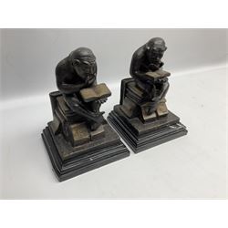 After Bonheur, pair of patinated bronze figural bookends modelled as monkeys sat reading upon stacks of books, raised upon square marble bases, signed I.BONHEUR, H20cm