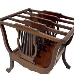Edwardian inlaid mahogany Canterbury or magazine rack, lyre shaped form with four divisions, satinwood banded with box wood stringing, splayed supports