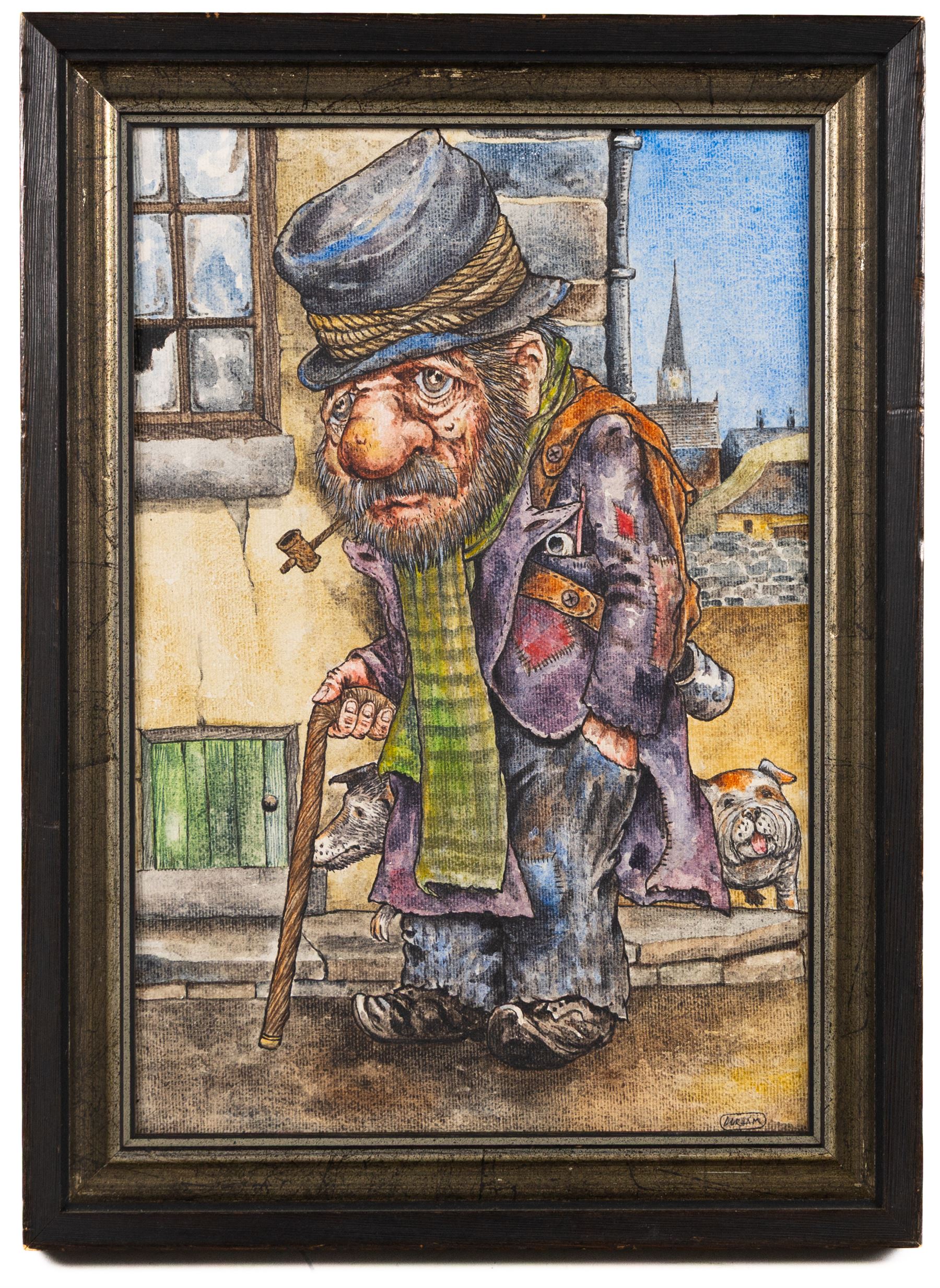 Terry Durham (British 1936-2013): 'The Marionette - He Is Free', acrylic on canvas signed titled and dated '02, Man with Pipe and Two Dogs, watercolour on canvas laid onto board signed, and 'Tinker - Tailor', collection of eight prints unsigned max 60cm x 50cm (11) (mostly unframed)
