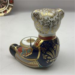 Royal Crown Derby paperweight Drummer Teddy with gold stopper, together with pattern 1128 Imari side plate and Old Imari Christmas Robin pin dish