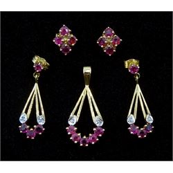 Pair of gold ruby and diamond pendant stud earrings and matching pendant and one other pair of ruby stud earrings, all hallmarked 9ct