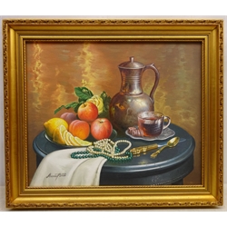  Gregori (Lysechko) Lyssetchko (Russian 1939-): Coffee, Fruit and Bead Necklaces on a Table, oil on canvas signed and dated 2006, 37cm x 45cm  