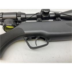 Stoegar .177 air rifle with break barrel action, 3 x 9 telescopic sight and fully integrated sound moderated barrel, no visible serial number, L109cm; in Stoeger lined gun sling
