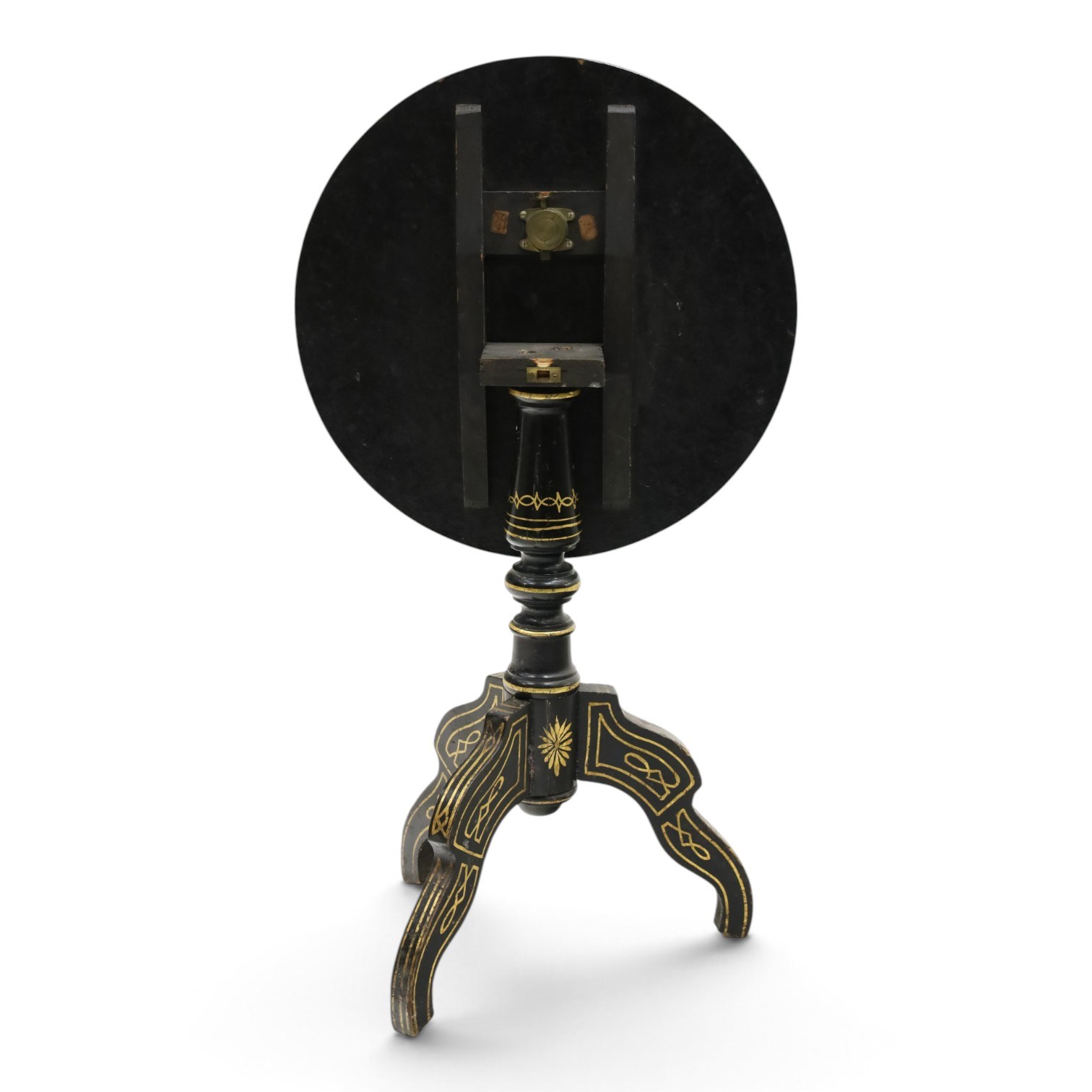 Late Victorian Aesthetic Movement ebonised and parcel-gilt lacquered occasional table, the circular tilt-top decorated in the Anglo-Japanese taste with motifs of fans, birds, insects and flowering branches, raised on a turned pedestal and tripod base shaped splayed supports