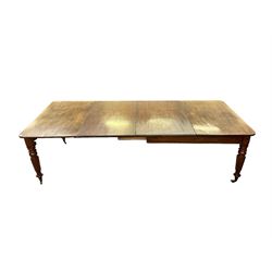 Late 19th century extending mahogany dining table, square top with banded frieze rail, raised on turned octagonal supports with  brass cups and castors, with two additional leaves