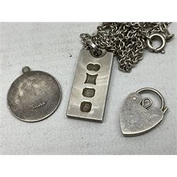 Silver ingot pendant necklace, hallmarked Birmingham 1979, together with silver bangle, ring, heart clasp and pendant, all stamped, together with other costume jewellery etc