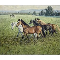 Walter Robin Jennings (British 1927-2005): 'Crossing the Paddock', oil on canvas signed, titled verso 63cm x 75cm