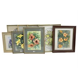 Nine framed watercolours of flowers by various artists including Rachel McNaughty etc 
