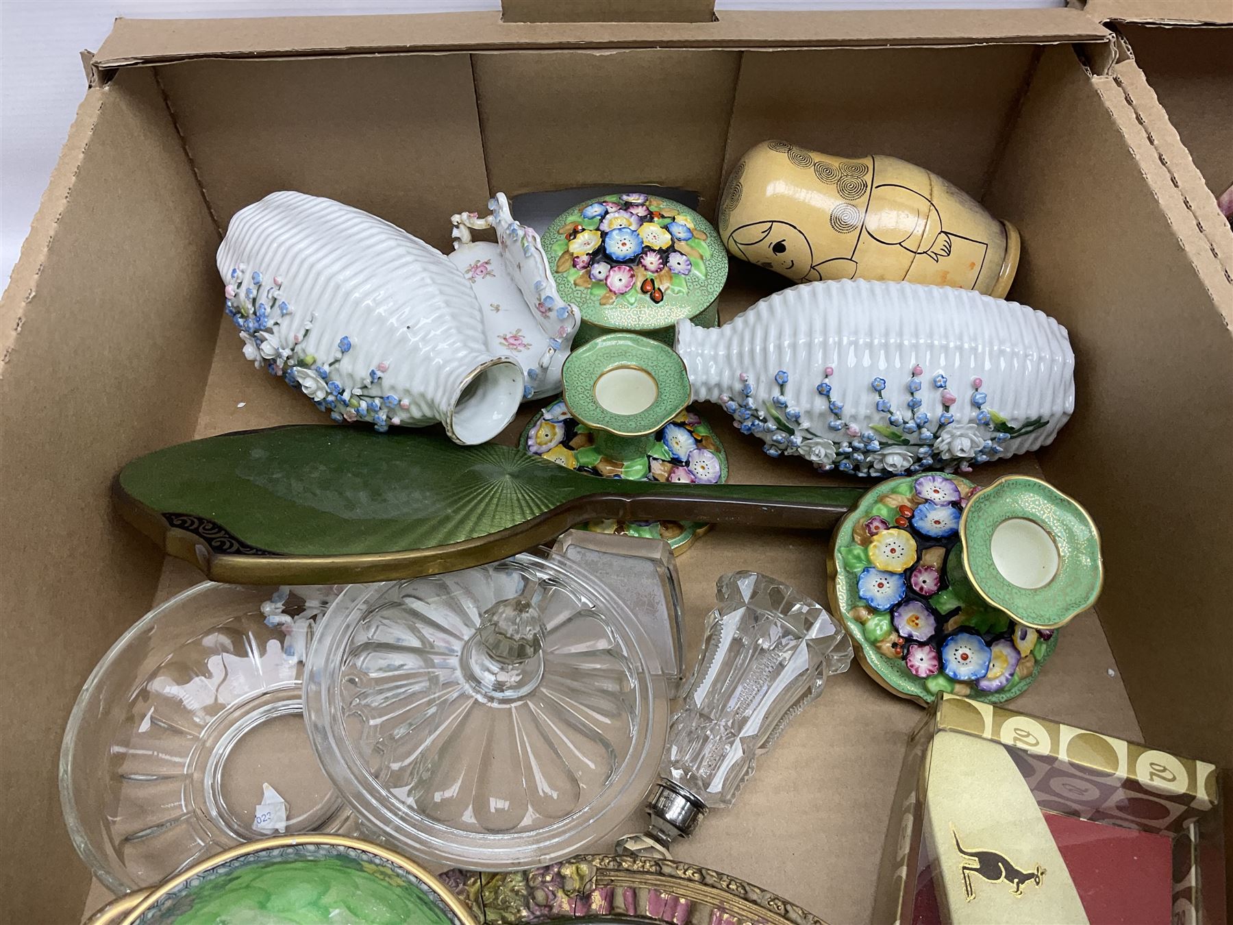 Newhall Boumier Ware vase, two Maling lustre bowlsmParagon George V commemorative cup, collection of ceramics and coloured and cut glassware, etc, in three boxes