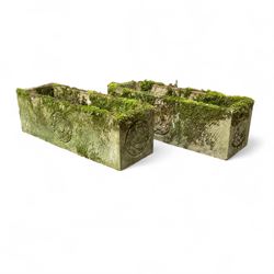 Pair of Yorkshire Rose weathered cast stone trough planters