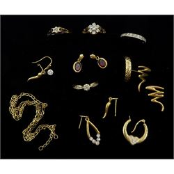 Two gold diamond rings and a collection of gold jewellery including rings and earrings, all 9ct stamped, hallmarked or tested