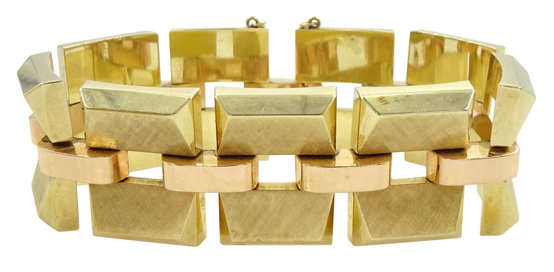 Mid-late 20th century continental 14ct brushed yellow and polished rose gold tank bracelet, stamped 585