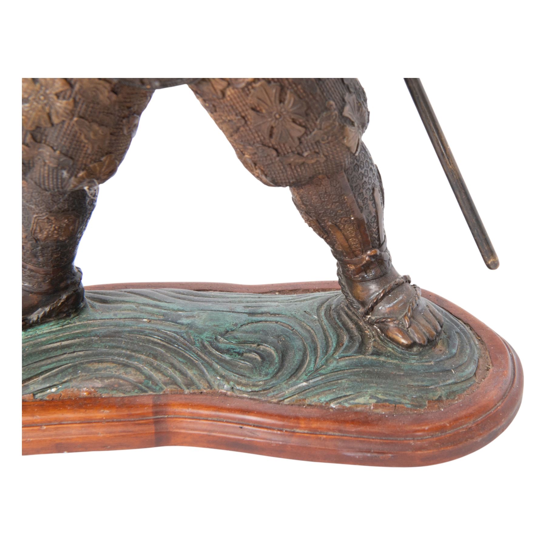 Japanese bronze of a Samurai, possibly Meiji period, standing holding spear, on a wave form base, H72cm