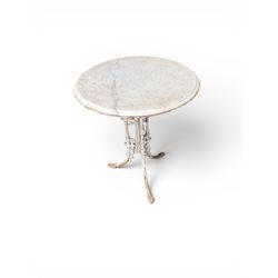 Victorian ornate cast iron garden table, trefoil base with central enclosed column, circular top with later marble, with registration mark