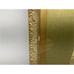 Regency silkwork in gilt frame, depicting two females in classical dress with a baby in a naturalistic landscape, H50cm