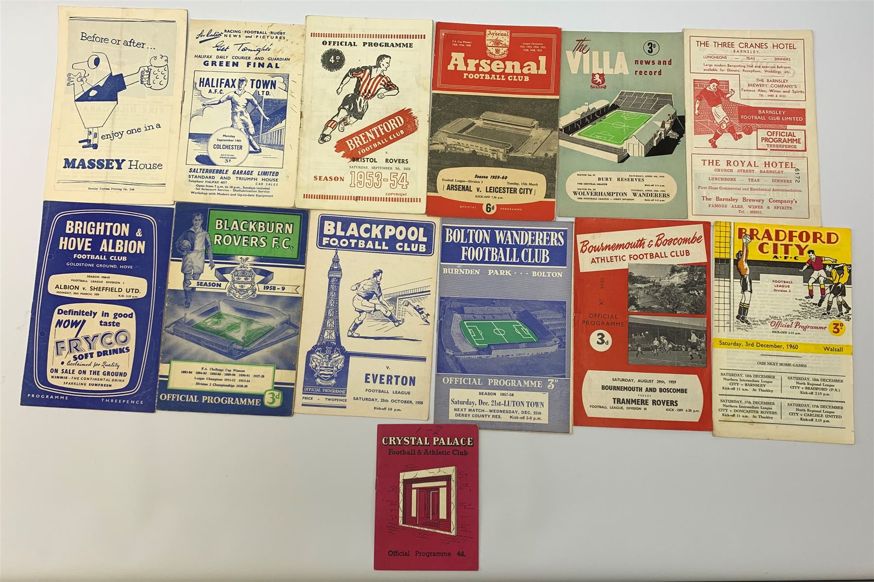 Twenty 1950s and later football programmes including Arsenal, Villa, Barnsley, Brentford, Blackburn, Blackpool, Bolton, Bournemouth, Bradford City, Brighton, Burnley, Bury, Charlton, Chelsea, Chesterfield, Crystal Palace, Darlington, Exeter, Fulham and Halifax