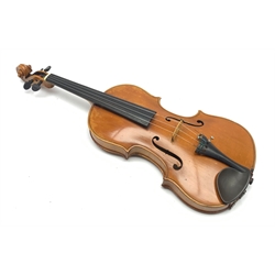  Late 19th century violin with 36cm maple back and spruce top, bears label 'Copy George Klotz Made in 1747', L59cm overall, in ebonised wooden carrying case with two bows  