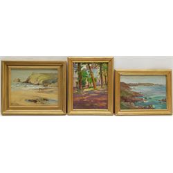 Harry Edmunds Crute (British 1888-1975): Cornish Beach Scene, oil on board signed 15cm x 19cm, together with two similar oils one signed Smith, inscribed verso 14cm x 19cm (3)